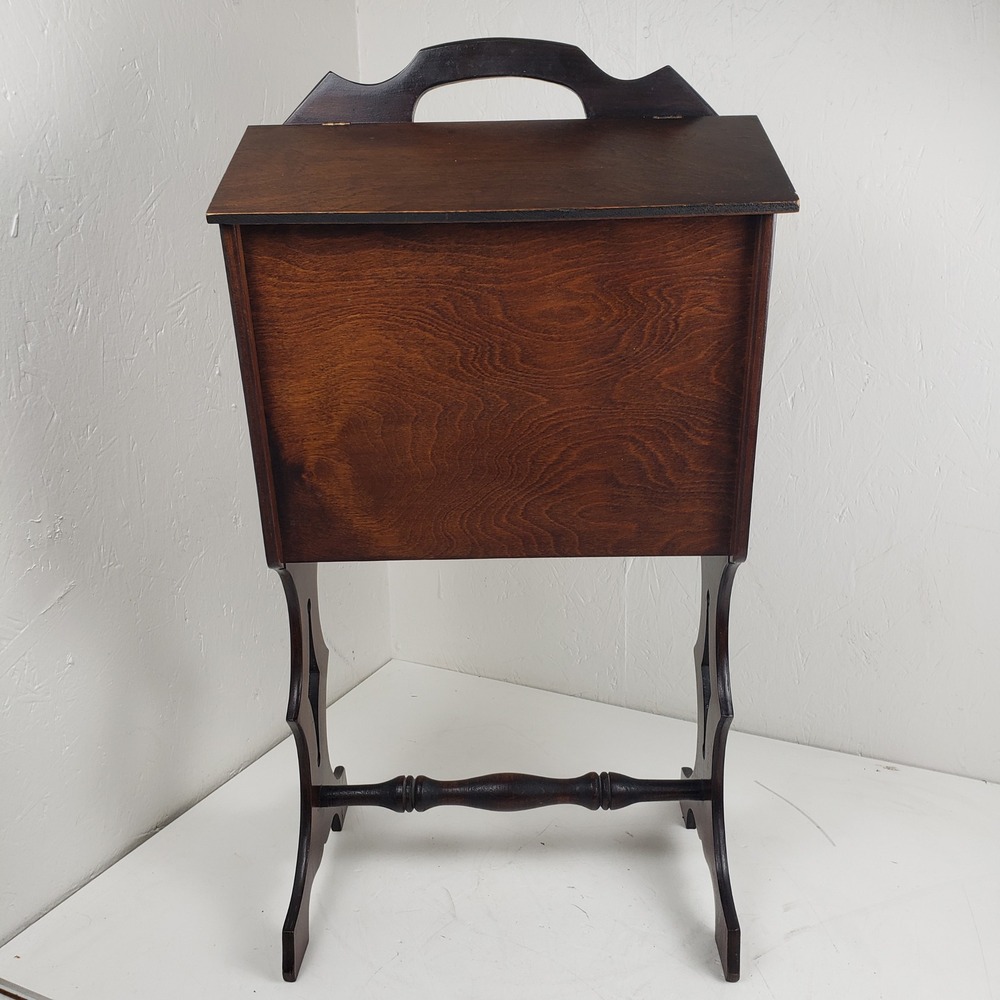 Vintage Priscilla Wooden Sewing Box On Stand Removable Tray Dark Brown Storage